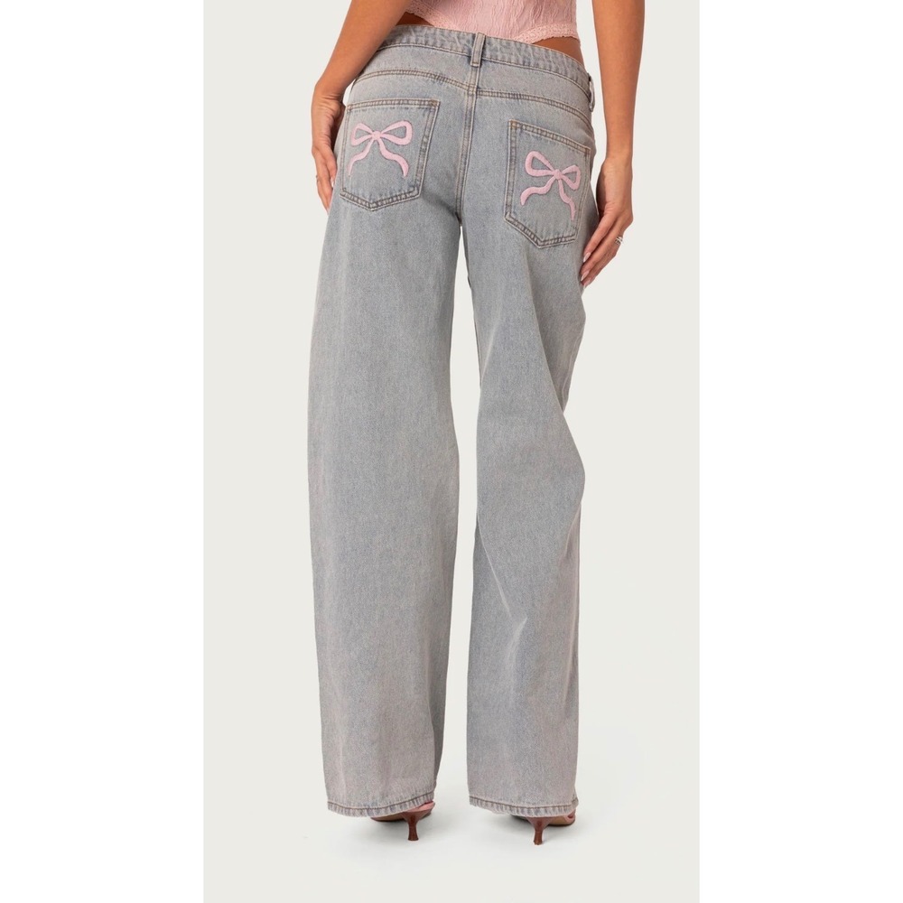 Telepatia Bow Jeans Wide Leg Low Rise Embroidered Acid Wash Women's 16W Plus